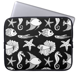 Fish Motif: Black White Pattern. Laptop Sleeve