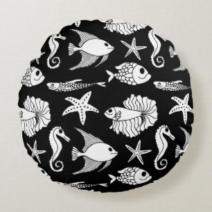 Fish Motif: Black White Pattern. Round Cushion