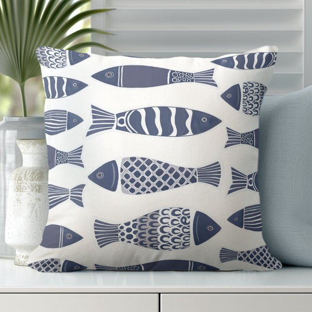 Fish Navy Blue Throw Pillow (Transform Your Room with Coastal Throw Pillows.)