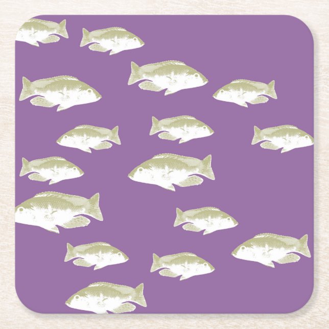 Fish on purple square paper coaster (Front)