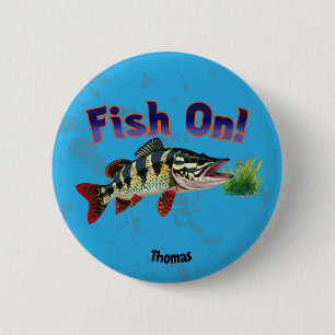 "Fish On!" Trophy Pike In Natural Habitat 6 Cm Round Badge