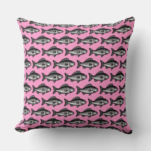 Fish Pattern - Black and White on Pink Cushion