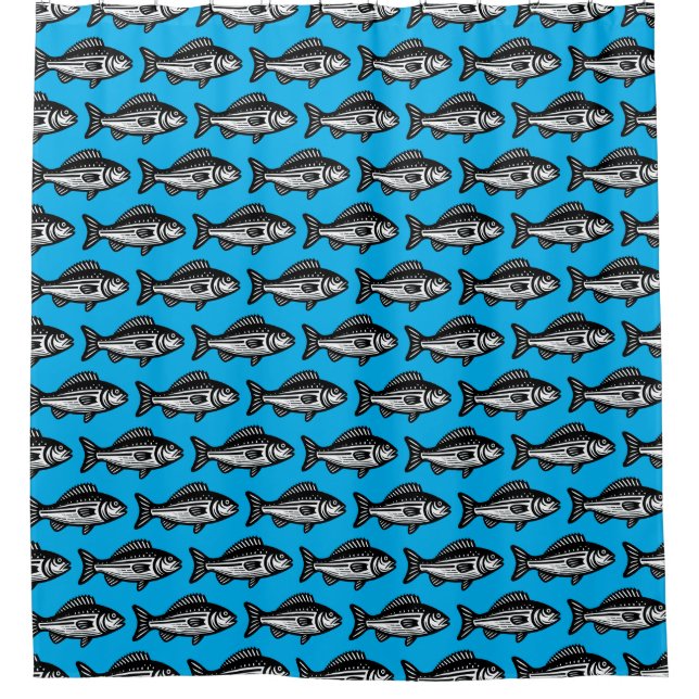 Fish Pattern - Black and White on Sky Blue Shower Curtain (Front)
