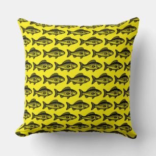 Fish Pattern - Black on Bright Yellow Cushion