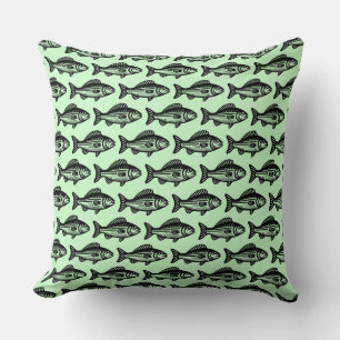 Fish Pattern - Black on Ghost Green Cushion