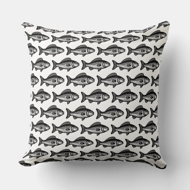 Fish Pattern - Black on White Cushion (Front)