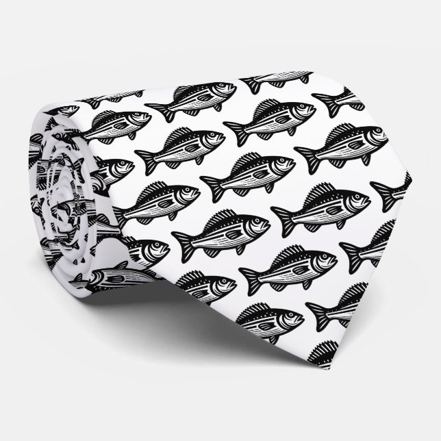 Fish Pattern - Black on White Tie (Rolled)