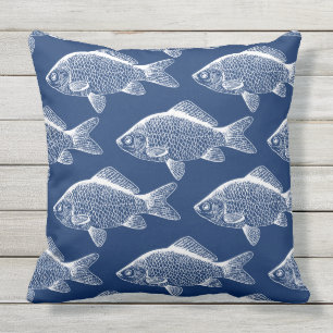 Fish Pattern Blue Outdoor Poolside Patio Pillows