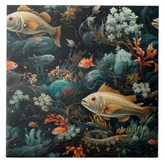 Fish Pattern, Dark Blue Sea, Dreamlike Tile
