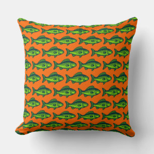 Fish Pattern -  Dark Green and Chartreus on Orange Cushion