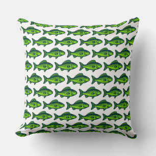 Fish Pattern -  Dark Green and Chartreus on White Cushion