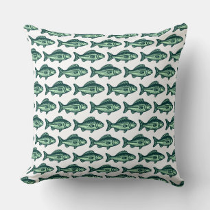 Fish Pattern - Dark Green and Ghost Green on White Cushion