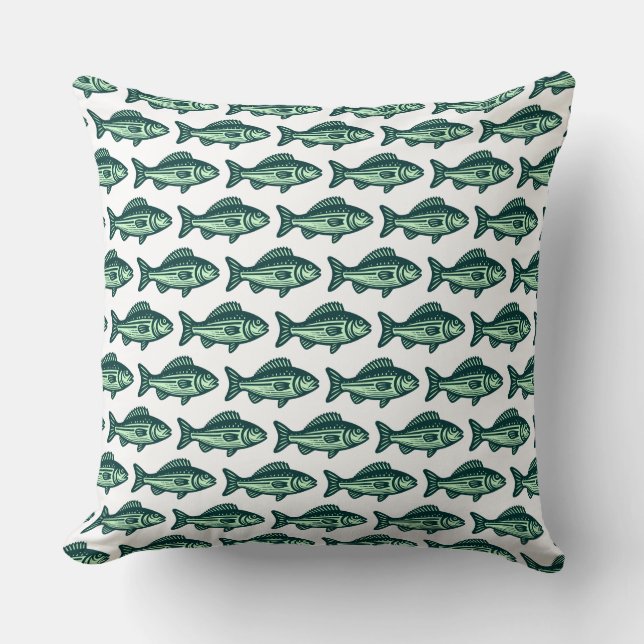 Fish Pattern - Dark Green and Ghost Green on White Cushion (Front)