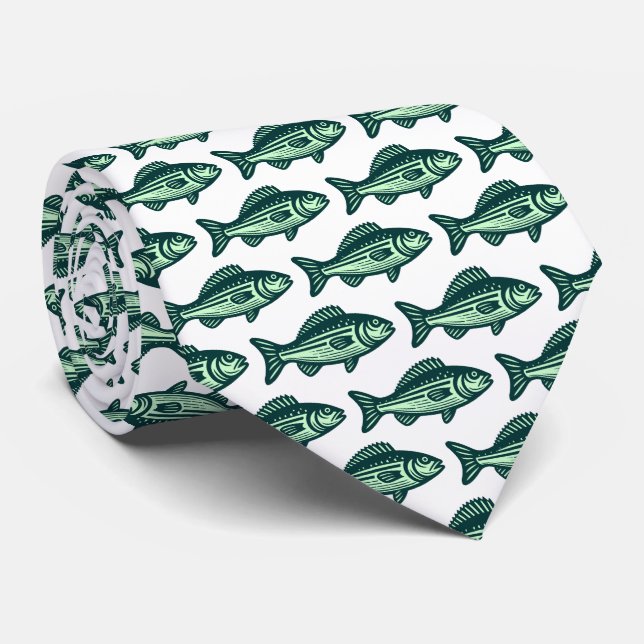 Fish Pattern - Dark Green and Ghost Green on White Tie (Rolled)