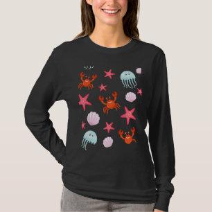 Fish Pattern Including Octopus Starfish Crab Snail T-Shirt