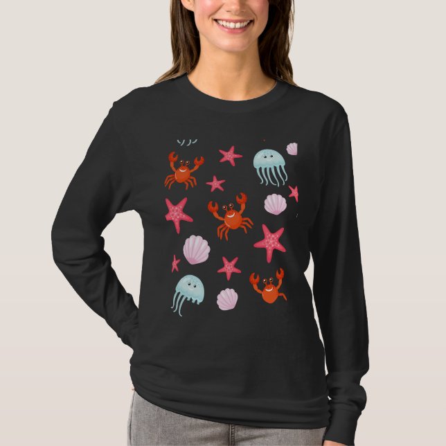 Fish Pattern Including Octopus Starfish Crab Snail T-Shirt (Front)