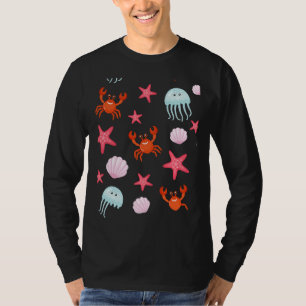 Fish Pattern Including Octopus Starfish Crab Snail T-Shirt
