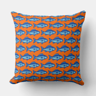 Fish Pattern - Navy Blue and Ice Blue on Orange Cushion