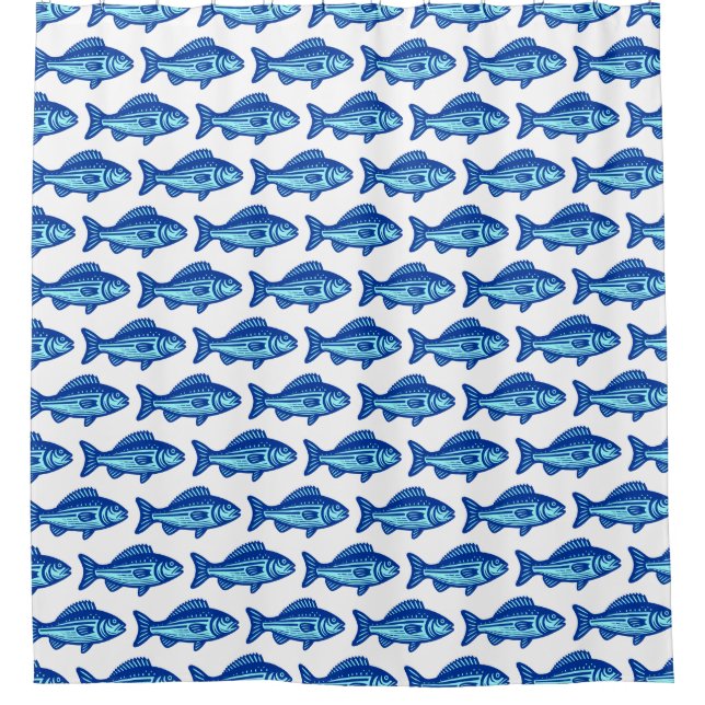 Fish Pattern - Navy Blue and Ice Blue on White Shower Curtain (Front)