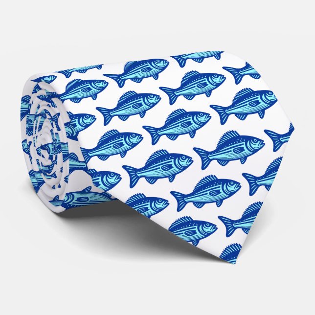 Fish Pattern - Navy Blue and Ice Blue on White Tie (Rolled)