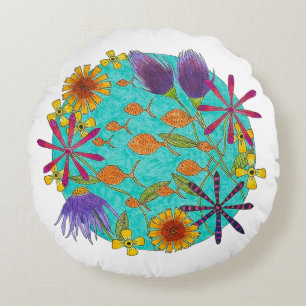 Fish Puddle with Flowers Round Cushion