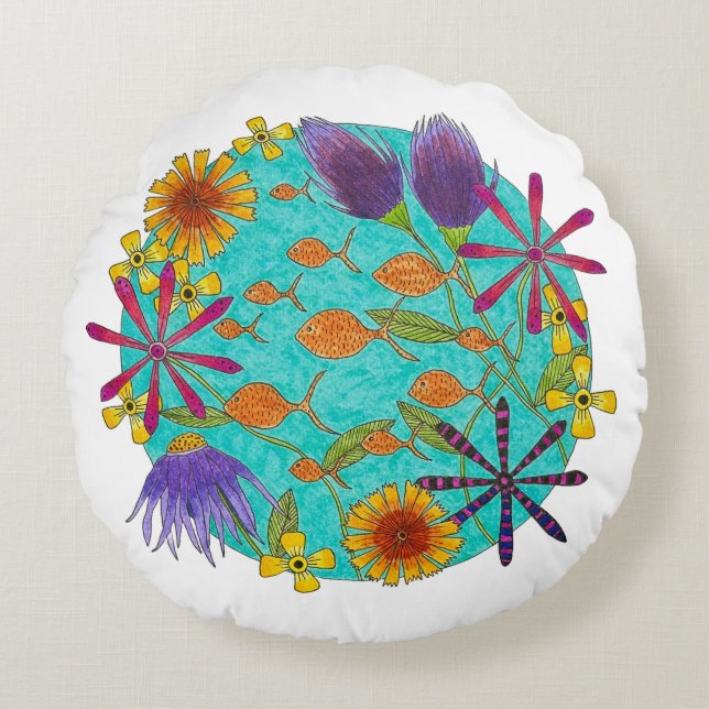 Fish Puddle with Flowers  Round Cushion (Front)