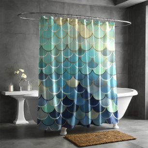 Fish Scale Pattern Blue Sky Background Golden Shower Curtain