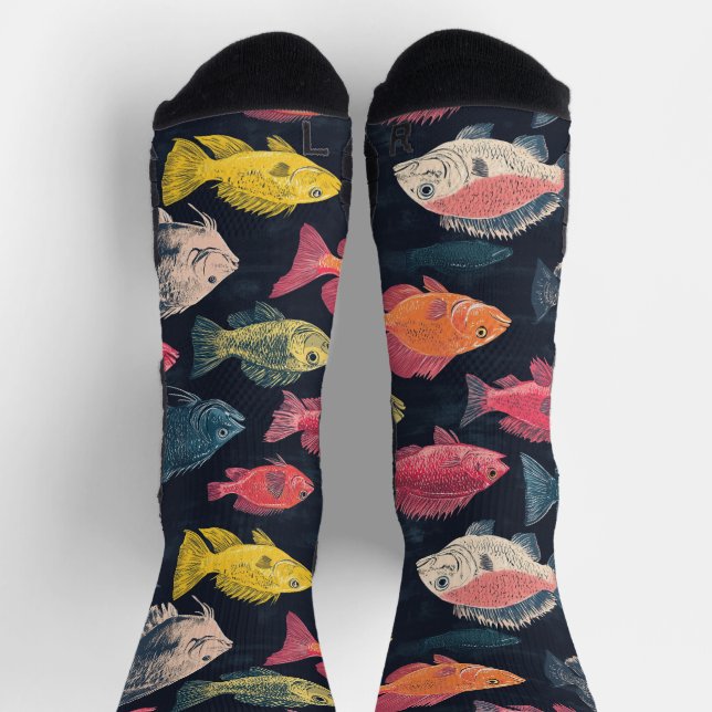 Fish Species Chalk Drawing Pattern Black Socks (Top)