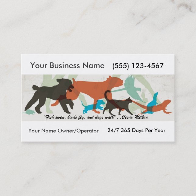 Fish Swim Birds Fly Dogs Walk Pet Sitter Business Card (Front)