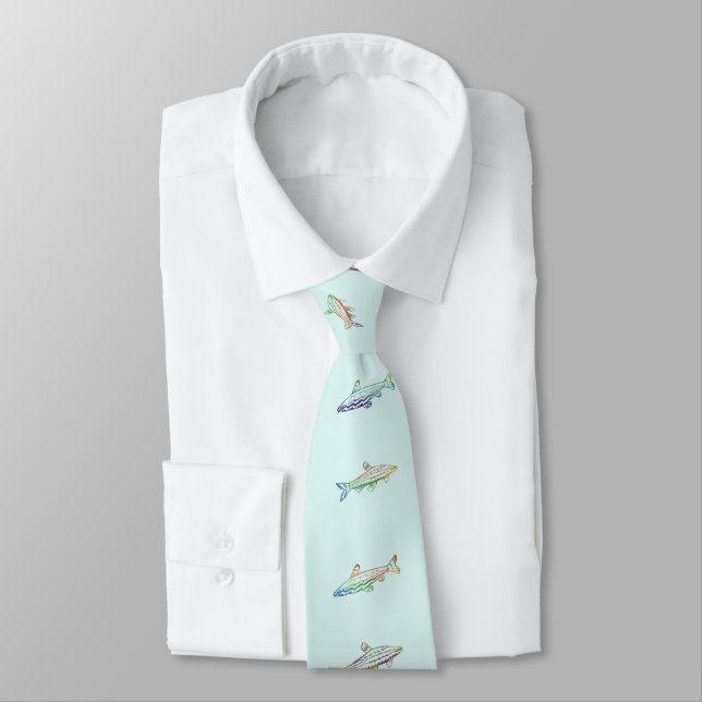 Fish Swimming Colored Pattern Line Art 2 Necktie (Tied)