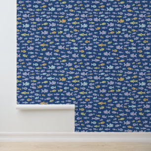 Fish Swimming Cute Nautical Pattern in Navy Blue Wallpaper