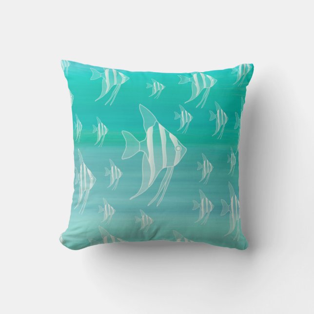 Fish swimming in aquamarine coloured ocean cushion (Front)