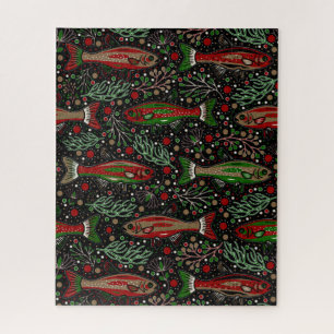 Fish Swimming Red and Green Christmas Brook Trout Jigsaw Puzzle