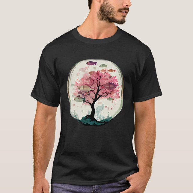 Fish swimming with Cherry blossom coral tree under T-Shirt (Front)