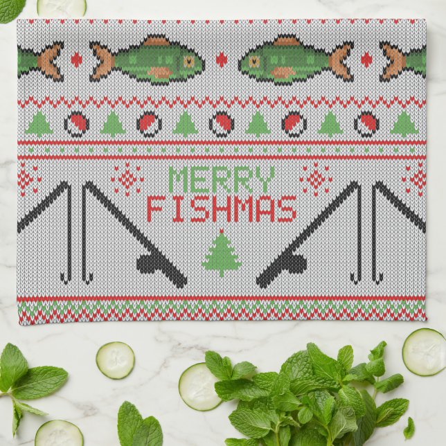 Fish Ugly Christmas Sweater Tea Towel (Folded)
