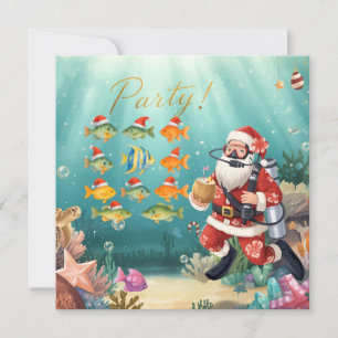 Fish wears Santa Hat Christmas Party with Santa Holiday Card