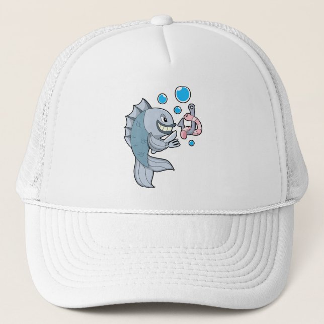 Fish with Fish hook & Worm Trucker Hat (Front)