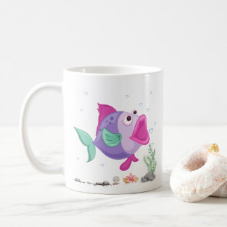 Fish with open mouth bubbles and underwater flora. coffee mug