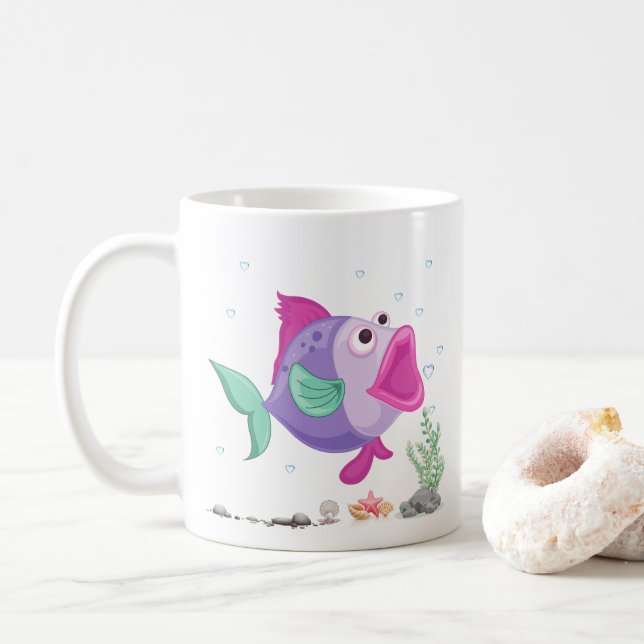Fish with open mouth bubbles and underwater flora. coffee mug (With Donut)