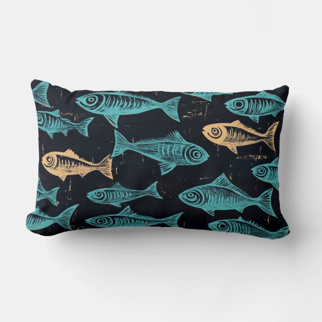 Fish Woodcut Throw Pillow (Front)