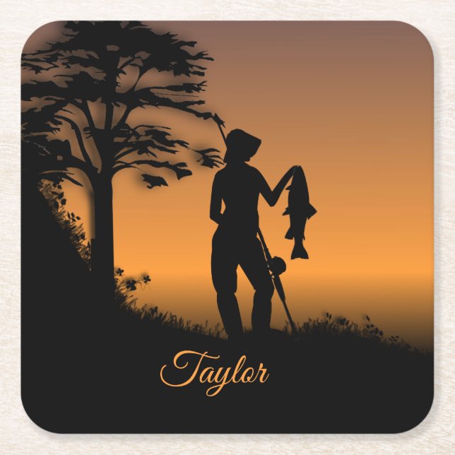 Fisher Woman at Dusk Personal Square Paper Coaster (Front)