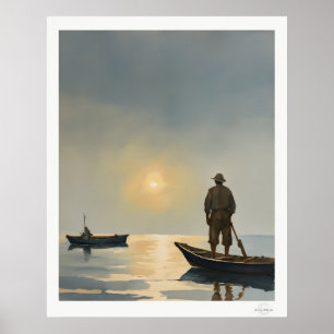 Fisherman at Dawn Art Print, Misty Harbour Poster