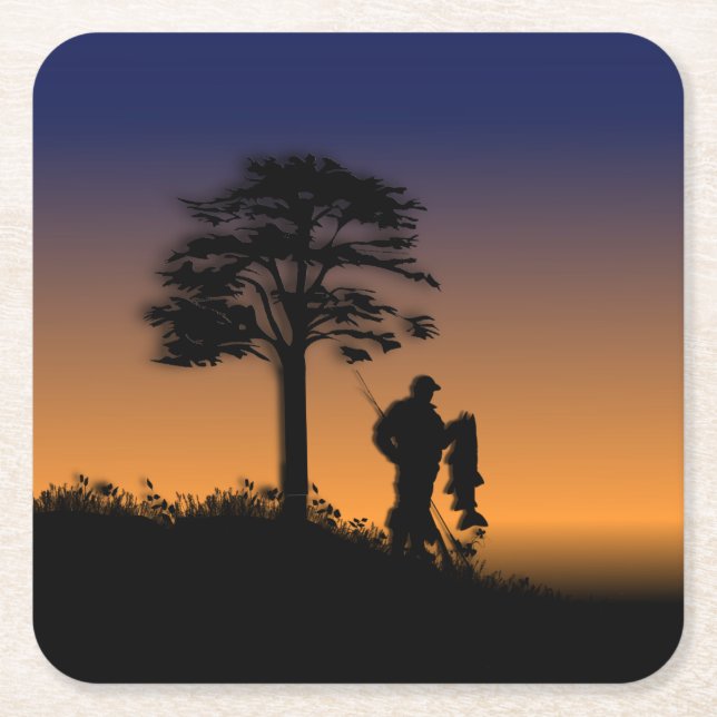 Fisherman at Dusk Square Paper Coaster (Front)