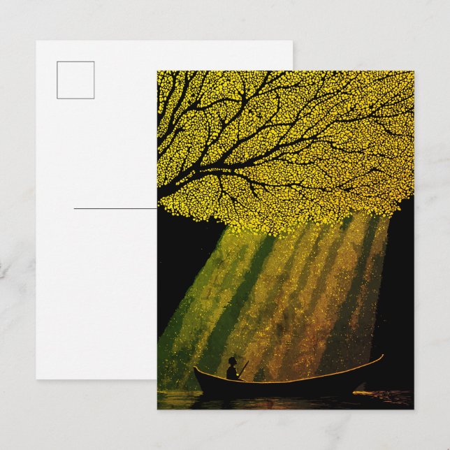 Fisherman at Night Under Giant Tree Canopy Postcard (Front/Back)
