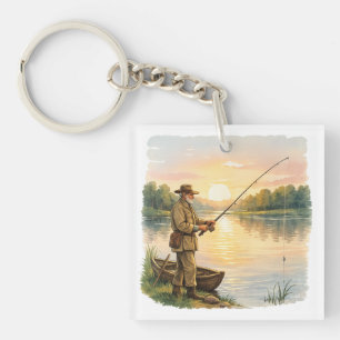 Fisherman at Sunset by Lake Vintage Art Gift Key Ring
