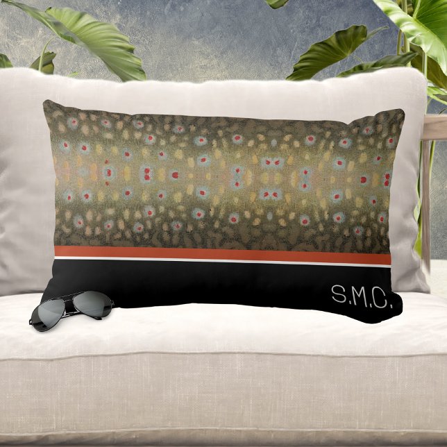 Fisherman Brook Trout Fish Olive Black White Rust Lumbar Cushion (Creator Uploaded)