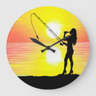 Fisherman Dream Girl Fishing Large Clock