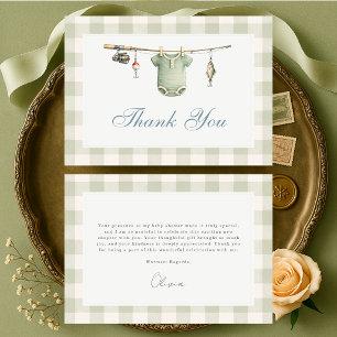 Fisherman Fishing Gingham Sage Green Baby Shower Thank You Card