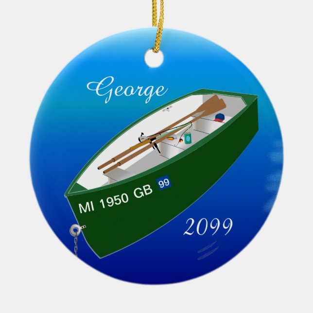 Fisherman Fishing Row Boat Rod Personalised Ceramic Tree Decoration (Front)