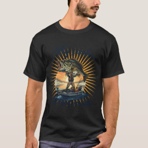 Fisherman holding over sized largemouth bass with T-Shirt